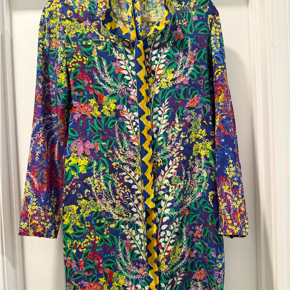 SALONI Multicolor Floral Long Sleeve Silk Dress with Yellow Trim - Picture 2 of 5